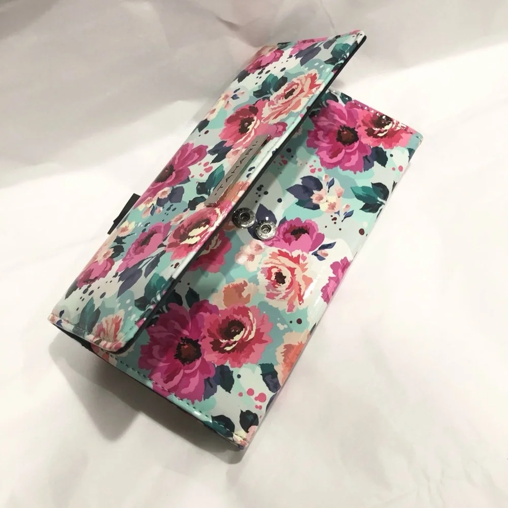 Tahari blue pink rose flowers‎ floral glossy patent foldover wallet new